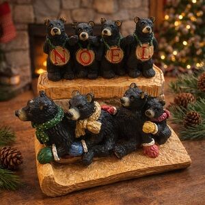 Black Bear NOEL‎ Figurines Christmas Sledding Family Resin Decor Cabin Lodge Set